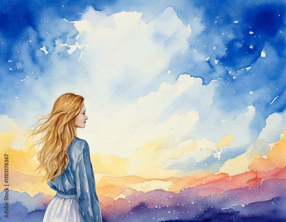 watercolor painting of a beautiful sky with a gorgeous girl and an empty copy space watercolor painting of a beautiful sky with a gorgeous girl and an empty copy space
