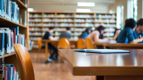 Closed book on table in library, students studying in background