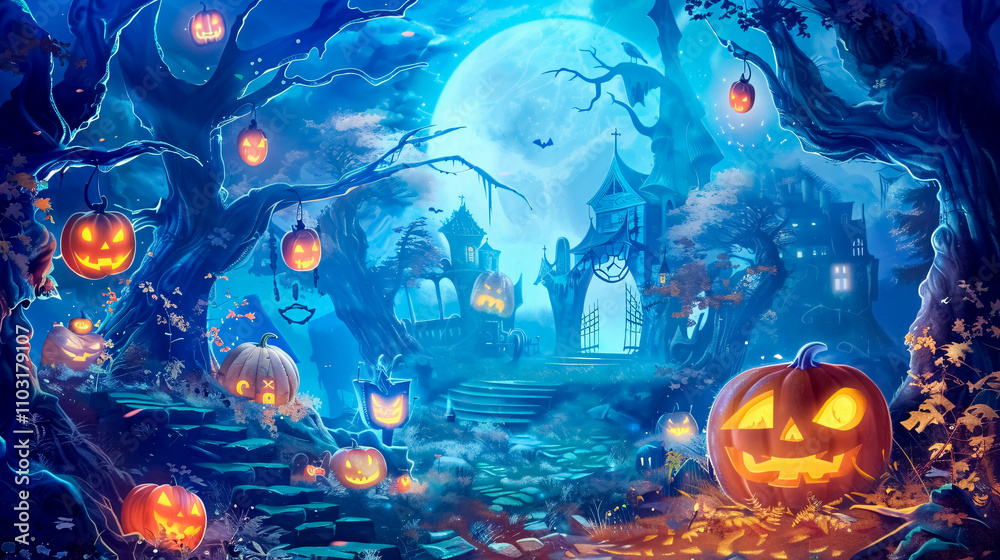 A chilling forest scene reveals twisted trees and lurking creatures. A chilling forest scene reveals twisted trees and lurking creatures.