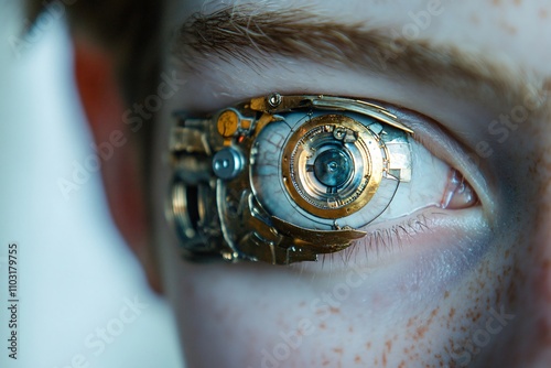 Close up of a mechanical bionic eye implant in a young man's face, showcasing futuristic technology