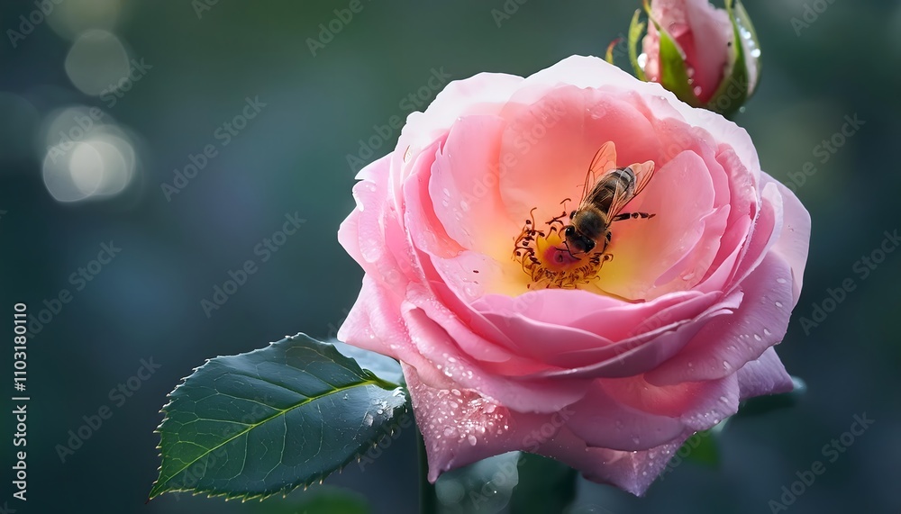 Closeup pink rose with bee in retro and vintage colors style on sun light and blurred background Closeup pink rose with bee in retro and vintage colors style on sun light and blurred background
