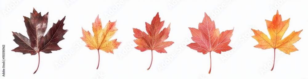 Five vibrant autumn leaves with different colors and textures isolated on a white background. Five vibrant autumn leaves with different colors and textures isolated on a white background.