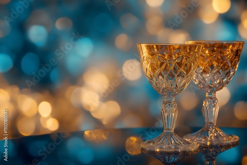 New year and Christmas champagne coast celebration blue and golden glittering on abstract background and  defocused Bokeh Lights with large blank space for text illustration.