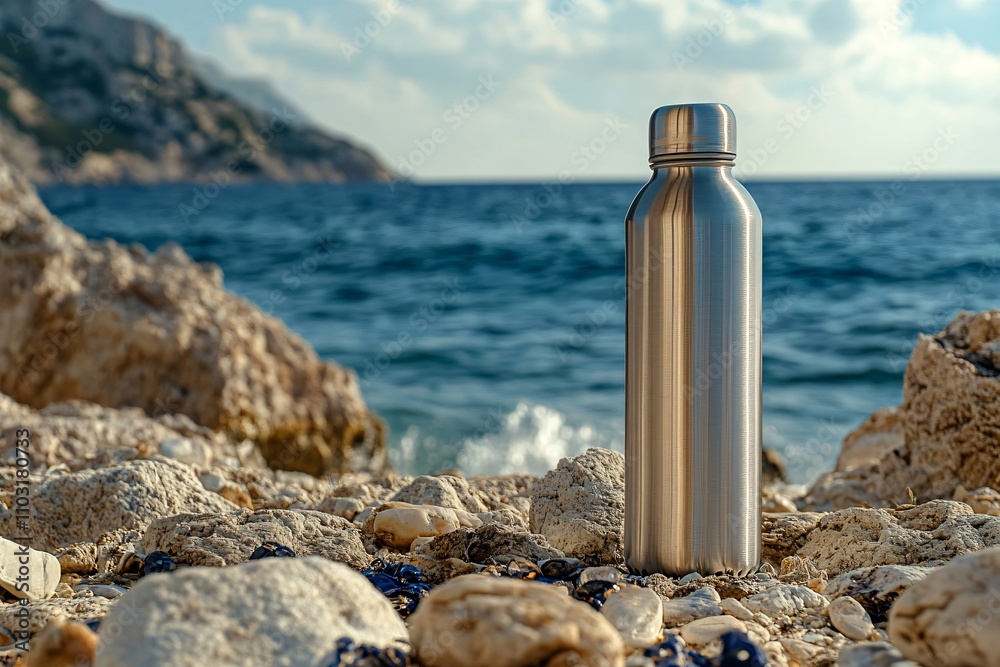 Stainless steel reusable water bottle stands on a rocky beach, promoting sustainability and eco conscious travel Stainless steel reusable water bottle stands on a rocky beach, promoting sustainability and eco conscious travel