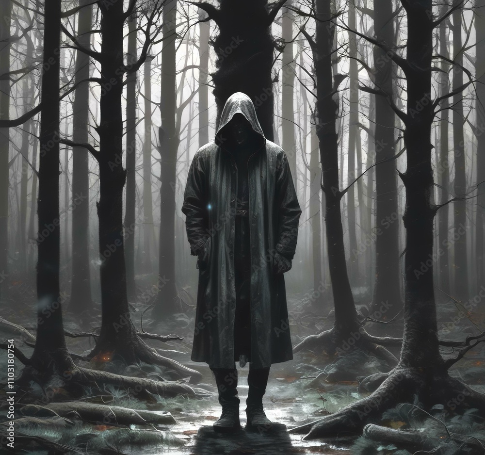 Illustration of mystery hodded man standing in dark forest. Illustration of mystery hodded man standing in dark forest.