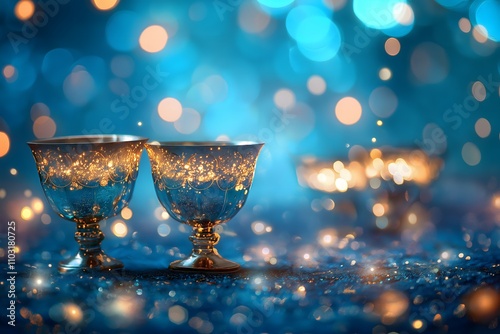 New year and Christmas champagne coast celebration blue and golden glittering on abstract background and  defocused Bokeh Lights with large blank space for text illustration.