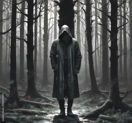 Illustration of mystery hodded man standing in dark forest. photo