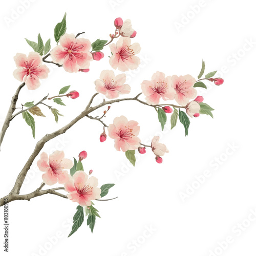 Branch of sakura with flowers and leaves on white background. Cherry blossom spring design. Vector illustration