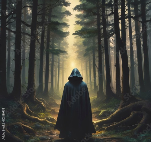 Illustration of mystery hodded man standing in dark forest. photo