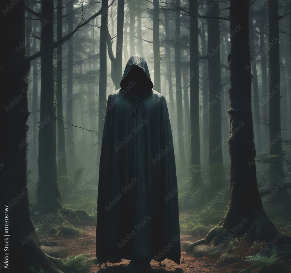 Illustration of mystery hodded man standing in dark forest. Illustration of mystery hodded man standing in dark forest.