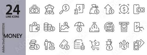 Money line icons set with Cash, Payment, Currency, Finance, Bank, Dollar, Credit, Investment, Profit and more. Editable Stroke