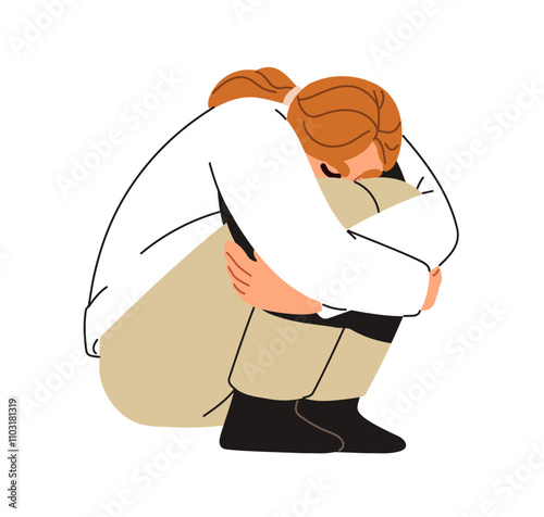Sad depressed woman in despair and grief mood, sitting curled up, hugging knees. Frustrated desperate upset female, overwhelmed by sorrow. Flat vector illustration isolated on white background