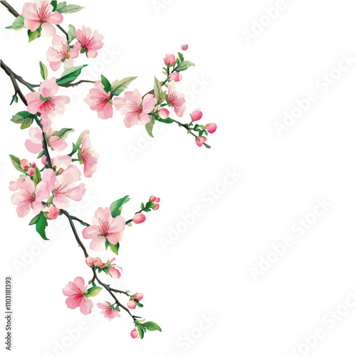 Branch of sakura with flowers and leaves on white background. Cherry blossom spring design. Vector illustration
