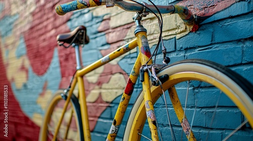 Close-up of a yellow fixed gear bicycle leaning against a colorful brick wall. photo