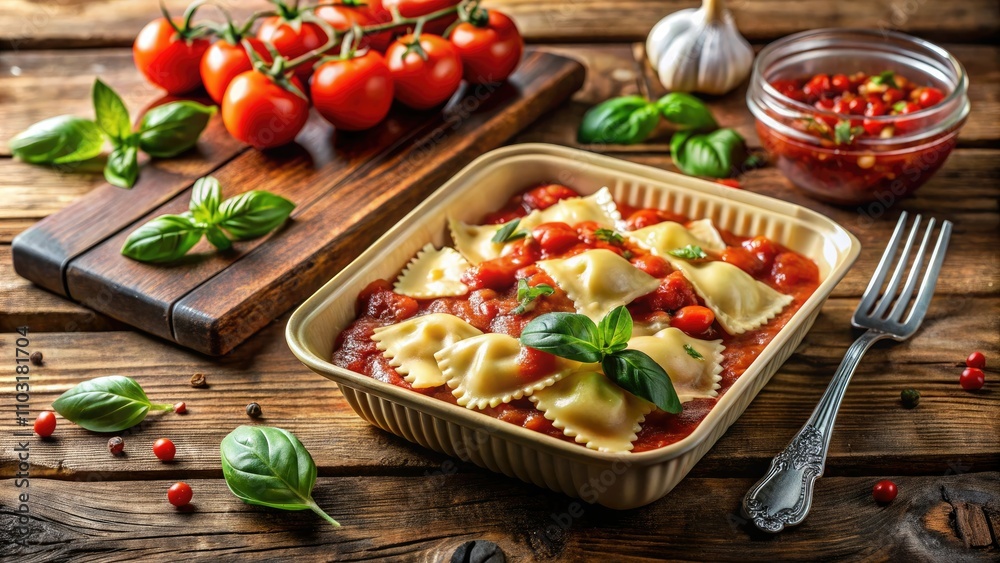Delicious Ravioli in Marinara Sauce in a To-Go Container | Food Photography, Italian Cuisine, Takeout Delight Delicious Ravioli in Marinara Sauce in a To-Go Container | Food Photography, Italian Cuisine, Takeout Delight
