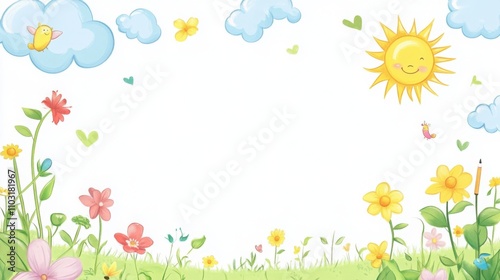 A set of cartoon children drawing pictures with crayons, with a sun and clouds in the sky