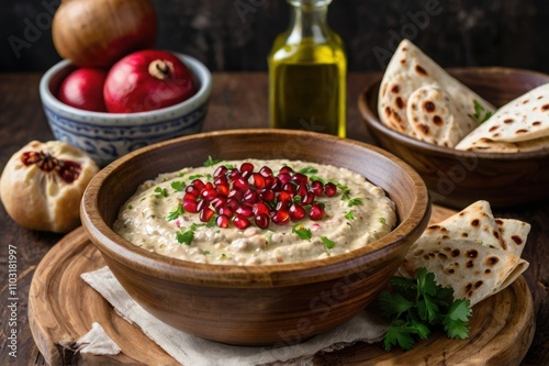 A rustic wooden bowl of creamy Baba Ganoush, drizzled with olive oil, pomegranate seeds, and parsley, served with pita. photo