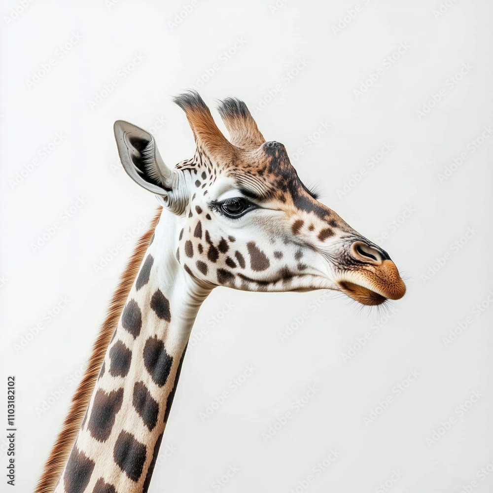 Giraffe with distinctive patterns gazes curiously towards the camera in a bright, minimalistic setting Giraffe with distinctive patterns gazes curiously towards the camera in a bright, minimalistic setting