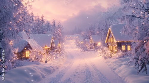 Magical winter road with cottages and thick snow under pink sky