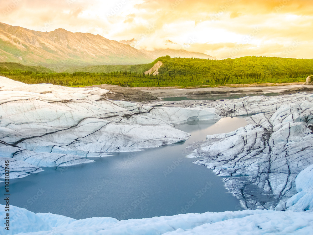 Global temperature warming with water flowing caused by melting of Matanuska Glacier in Matanuska Glacier State Recreation Area, just two hours from Anchorage in Alaska, USA. climate change Concept