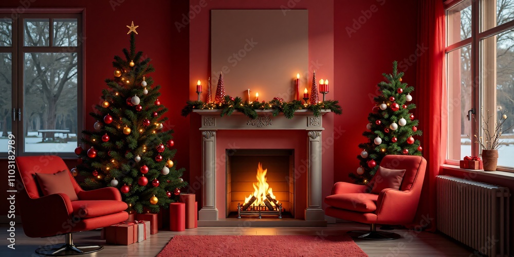 A Festive Holiday Postcard Mock-Up: Merry Christmas and Happy New Year, Featuring a Modern Interior with a Christmas Tree, Fireplace, and Armchair, in a Vibrant Red Tone A Festive Holiday Postcard Mock-Up: Merry Christmas and Happy New Year, Featuring a Modern Interior with a Christmas Tree, Fireplace, and Armchair, in a Vibrant Red Tone