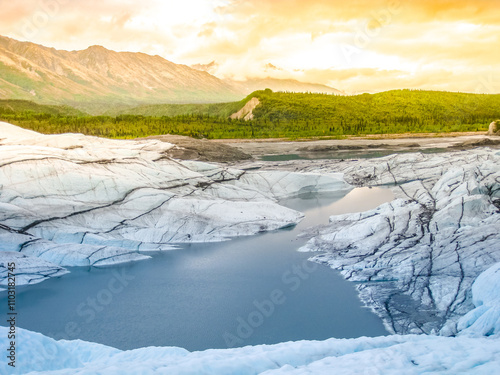 Obraz na płótnie Global temperature warming with water flowing caused by melting of Matanuska Glacier in Matanuska Glacier State Recreation Area, just two hours from Anchorage in Alaska, USA. climate change Concept w salonie