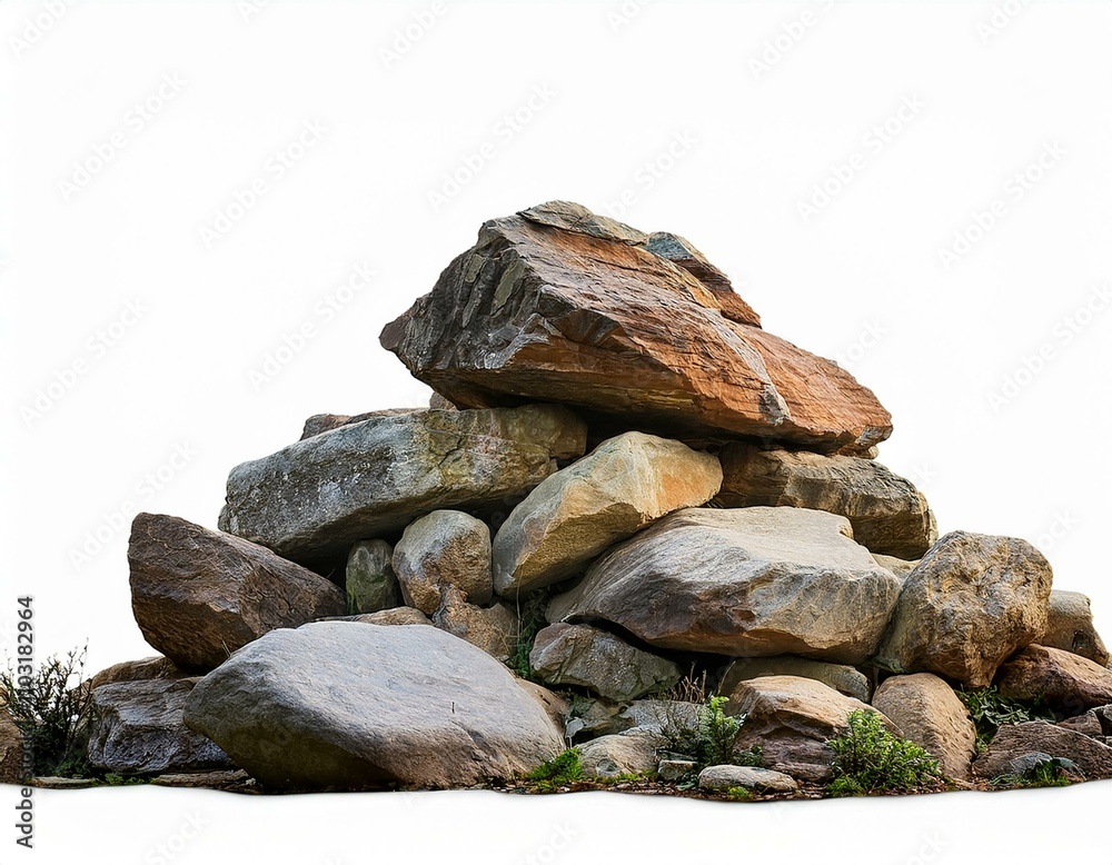 Rugged pile of rocks in side view, isolated on a white background, ideal for environmental, nature, and adventure concepts Rugged pile of rocks in side view, isolated on a white background, ideal for environmental, nature, and adventure concepts