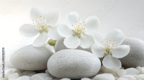 Serenity of White Blossoms on Pristine Stone Ground - A Tranquil Contrast of Nature's Purity