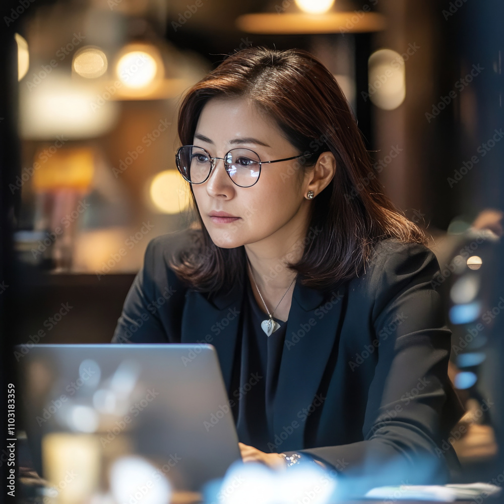 Young Korean businesswoman using PC for online banking, while a middle-aged Hispanic businesswoman works on laptop in a modern coffee shop. Young Korean businesswoman using PC for online banking, while a middle-aged Hispanic businesswoman works on laptop in a modern coffee shop.