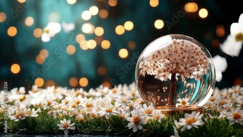 Illuminated crystal globe resting on grass surrounded by a glowing atmosphere of vibrant natural energy photo