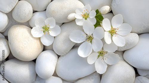 Serenity of White Blossoms on Pristine Stone Ground - A Tranquil Contrast of Nature's Purity