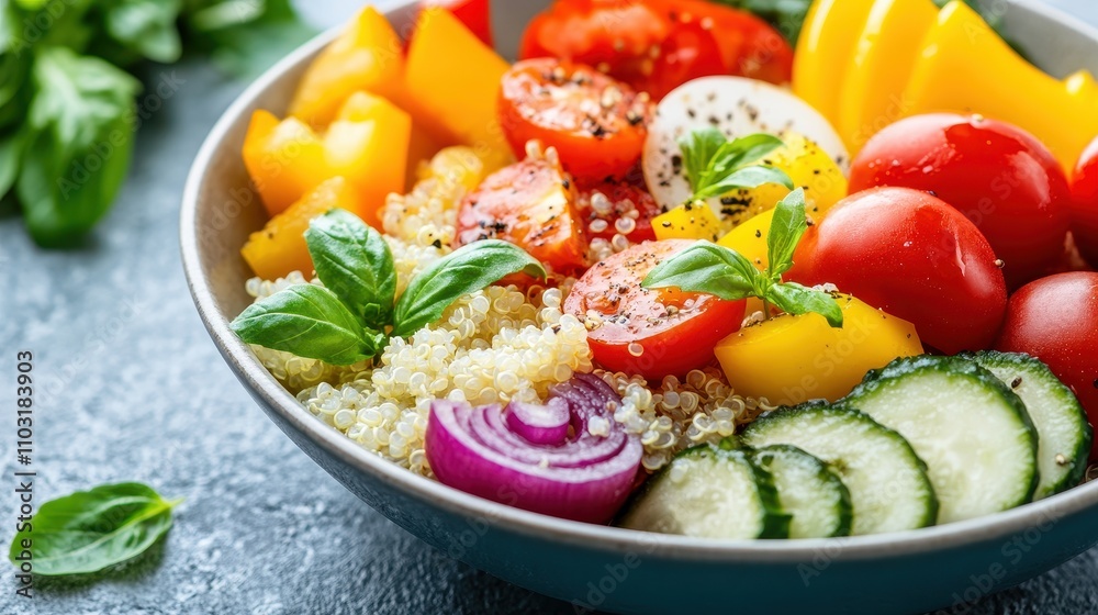 Vibrant quinoa salad with fresh vegetables and basil garnish on blue plate Vibrant quinoa salad with fresh vegetables and basil garnish on blue plate