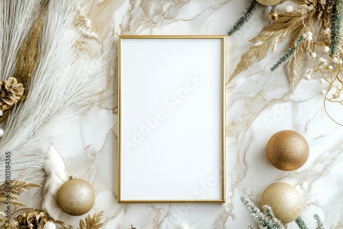 Christmas mockup with a gold frame surrounded by festive golden ornaments and glittery decorations on a marble background