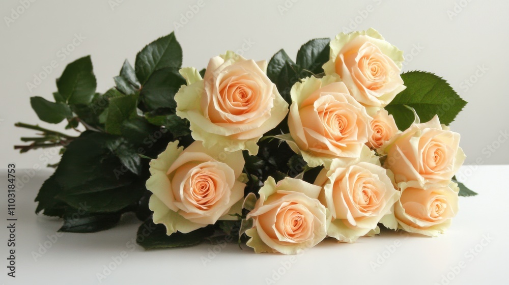 Elegant Arrangement of Soft Peach Roses with Green Leaves Display Elegant Arrangement of Soft Peach Roses with Green Leaves Display