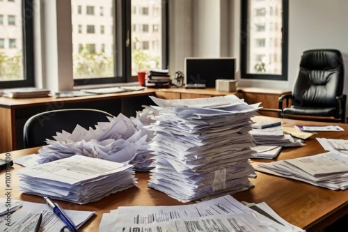 A messy pile of wrinkled papers on a wooden desk, with a few sheets jutting out.