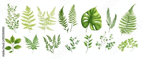 Watercolor illustration of green leaves and ferns on a white background.