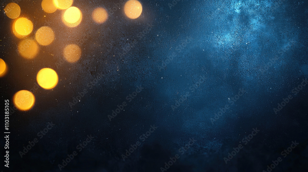 Golden bokeh lights on textured blue background create dreamy atmosphere Golden bokeh lights on textured blue background create dreamy atmosphere
