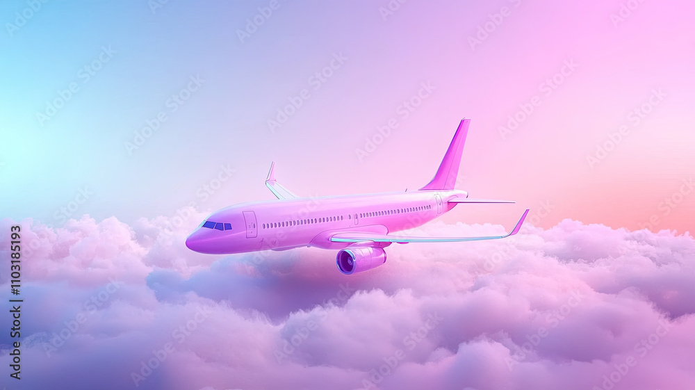 Fototapeta premium Airplane soaring above clouds with soft gradient background