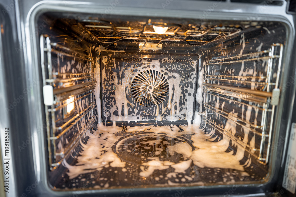 A close-up of a hand in a black glove spraying cleaning solution inside a dirty oven. The foam cleaner is applied to remove grease and grime, ensuring a spotless and hygienic appliance