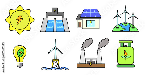 various renewable energy icons, hydroelectric power plants, houses with solar panels, wind turbines, steam power plants, and biogas. relevant about environmentally friendly and sustainable energy.