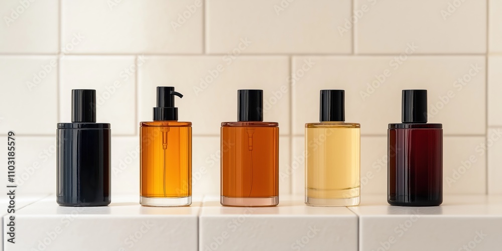 A row of five different colored bottles of perfume are lined up on a counter. The bottles are of various sizes and colors, including black, brown, and yellow. Concept of variety and choice A row of five different colored bottles of perfume are lined up on a counter. The bottles are of various sizes and colors, including black, brown, and yellow. Concept of variety and choice