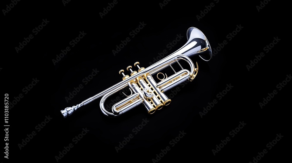 a silver trumpet with gold accents Over black Studio Background. a silver trumpet with gold accents Over black Studio Background.