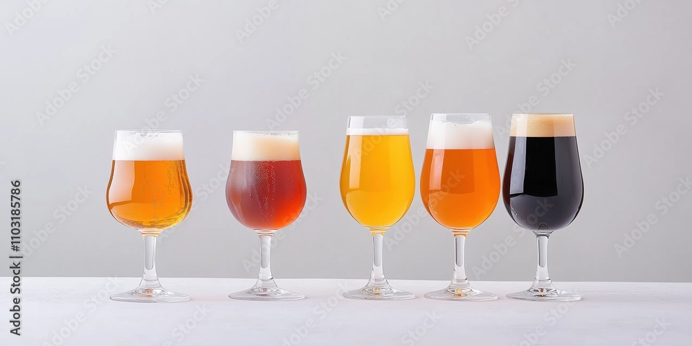 A row of five glasses of beer, with the first glass being the lightest and the last glass being the darkest A row of five glasses of beer, with the first glass being the lightest and the last glass being the darkest