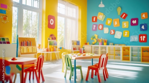 children education, bright classroom filled with alphabet and numbers decor, kids having fun while learning basics