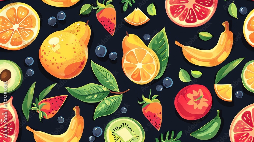 A seamless pattern of fresh and colorful fruit on a dark blue background. A seamless pattern of fresh and colorful fruit on a dark blue background.