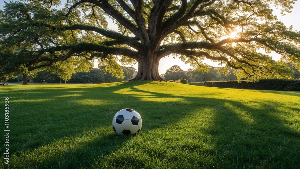 Soccer ball on a green field with goalpost in background Soccer ball on a green field with goalpost in background