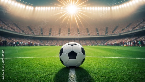 Soccer ball in illuminated stadium under bright spotlight