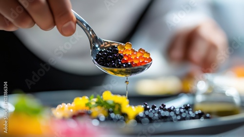 Fototapeta Naklejka Na Ścianę i Meble -  Chef delicately handling a spoon of black and orange molecular food spheres over a gourmet dish, emphasizing precision and artistry