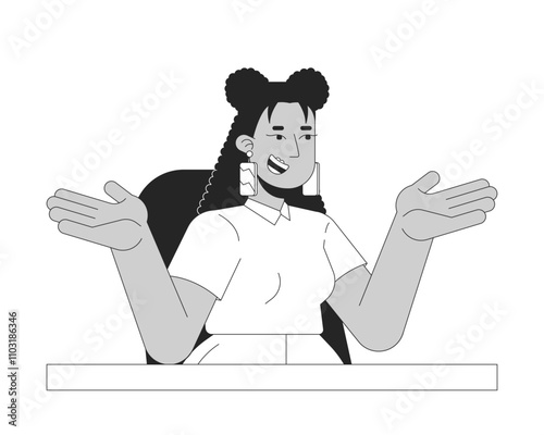 Business casual latina woman shrugging smiling at desk black and white 2D line character. Unbothered careless female hispanic adult isolated vector outline person. Monochromatic spot illustration
