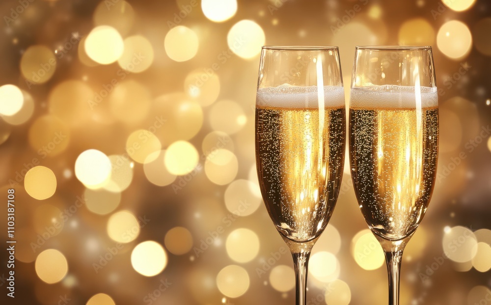 Two sparkling champagne glasses against a shimmering golden bokeh background, perfect for celebrations and special occasions.